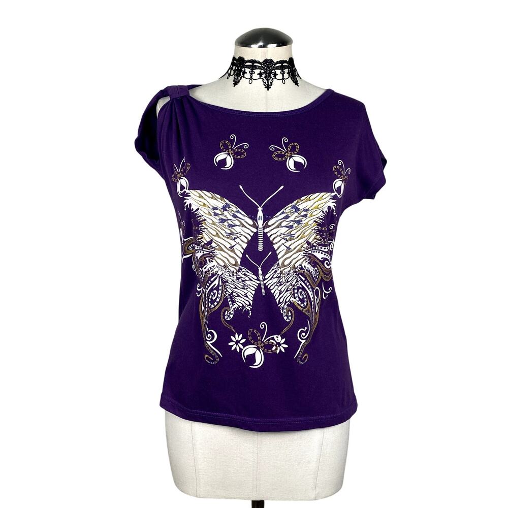 Vtg Y2K Glitter Butterfly Ruched Asymmetrical Whimsigoth Boho Hippie Baby Tee M
